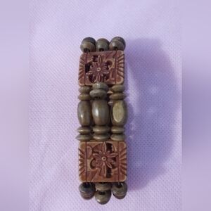 Vintage Carved Wood Beaded Stretch Bracelet | Floral Panels | Boho Jewelry